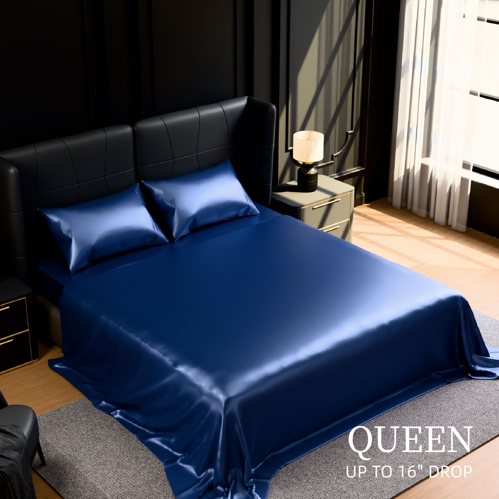 Satin Bed Sheets, Queen Size Sheets Set, 4 Pcs Silky Bedding Set With 15 Inches Deep Pocket For Mattress (Queen, Navy Blue)_voghion.com